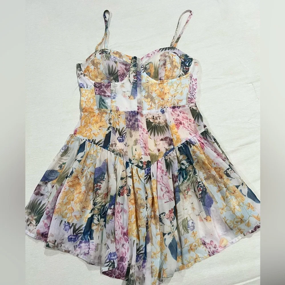 Cider Floral Patchwork Mini Dress in Pastel Multi - Picture 2 of 8